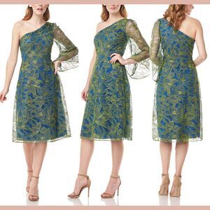 NEW $268 JS Collections [ 6 ] Lulu One Shoulder Midi Dress Aqua Chartruese Q1026